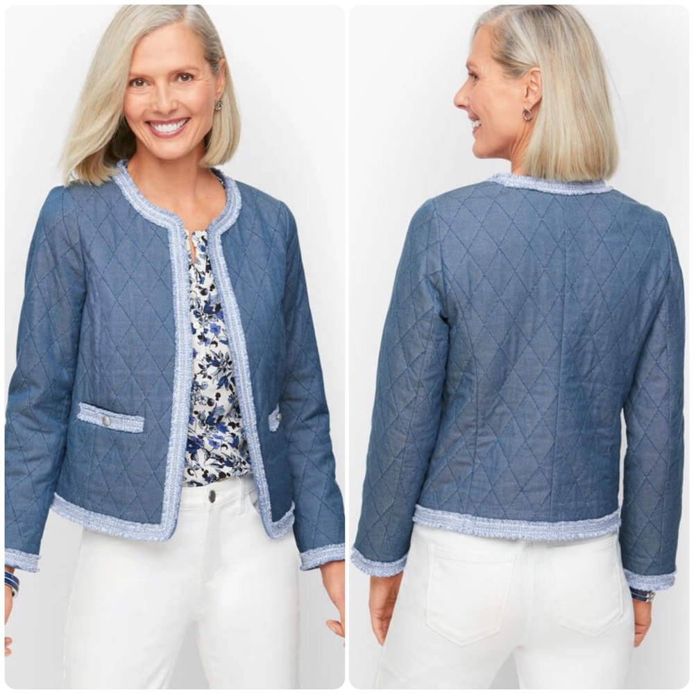 Talbots Fringe Quilted Chambrayâ Jacket Cotton Lightweight Open Front Blue Sz 8